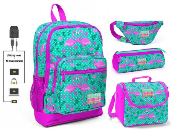 Coral High Yeşil Flamingo Baskılı 4'lü Kız Çocuk İlkokul Çanta Seti - USB Soketli