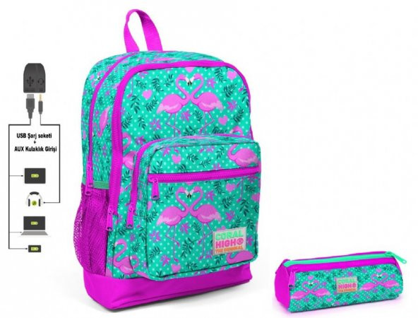 Coral High Yeşil Flamingo Baskılı İlkokul Sırt Çantası ve Kalemlik Seti - Kız Çocuk - USB Soketli