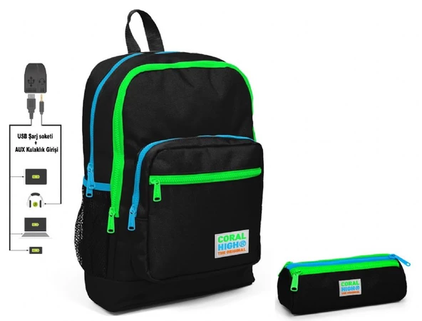 Coral High Siyah İlkokul Sırt Çantası ve Kalemlik Seti - Erkek Çocuk - USB Soketli