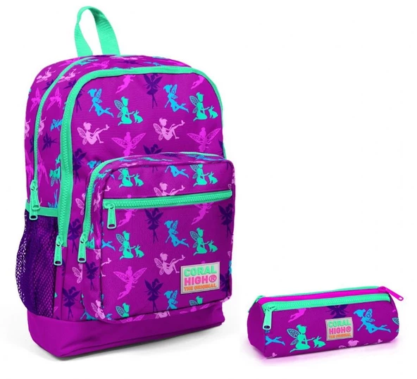 Coral High Kız Çocuk Peri Baskılı İlkokul Çantası ve Kalemlik Takım - Mor/Yeşil ürün görseli