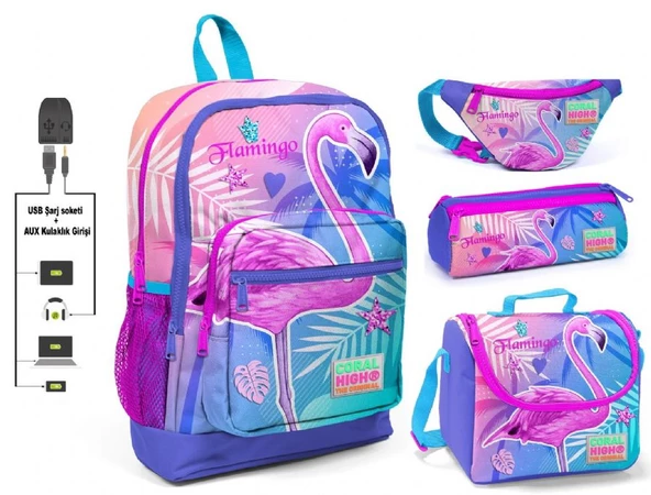 Coral High Pembe Flamingo Baskılı 4'lü Kız Çocuk İlkokul Çanta Seti - USB Soketli