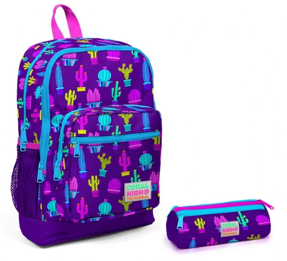Coral High Kaktüs Baskılı Kız Çocuk İlkokul Sırt Çantası ve Kalemlik Seti ürün görseli