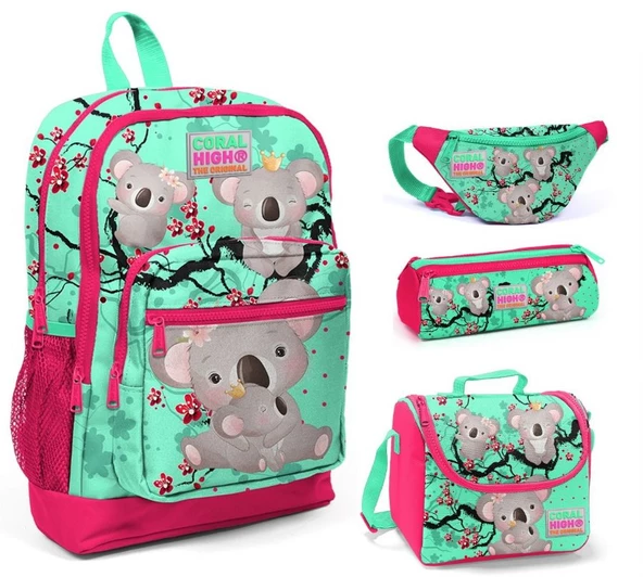 Coral High Yeşil Koala Baskılı Kız Çocuk 4'lü İlkokul Çanta Seti ürün görseli