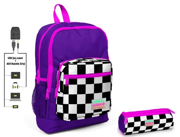 Coral High Mor Damalı İlkokul Sırt Çantası ve Kalemlik Seti - Kız Çocuk - USB Soketli ürün görseli