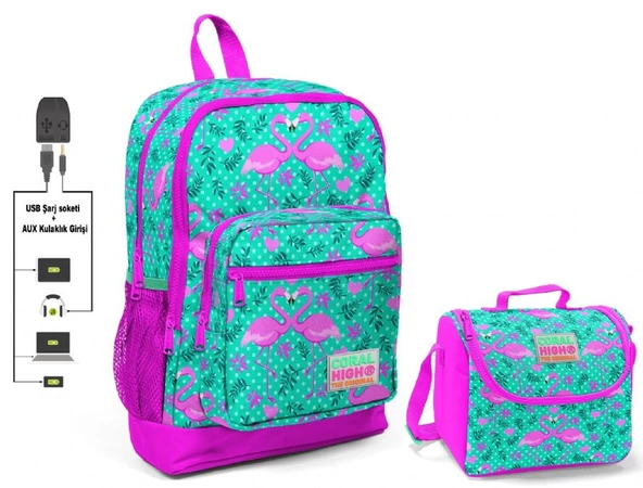 Coral High Yeşil Flamingo Baskılı Okul Çantası ve Beslenme Çantası Seti - Kız Çocuk - USB Soketli
