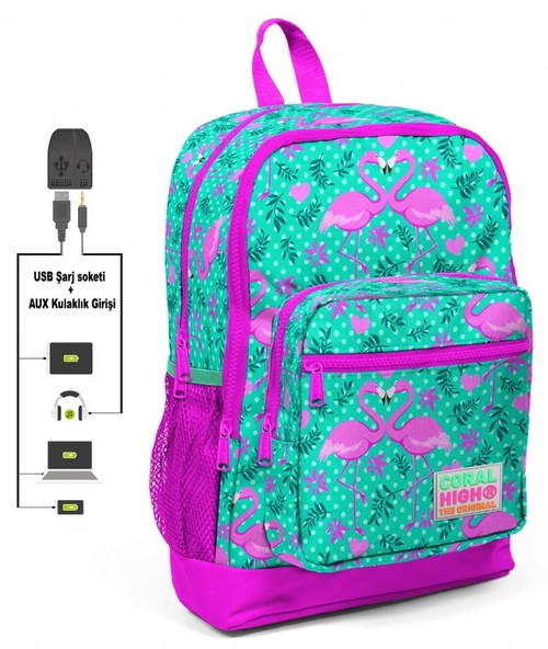 Coral High Yeşil Flamingo Baskılı Okul Çantası ve Beslenme Çantası Seti - Kız Çocuk - USB Soketli - 2