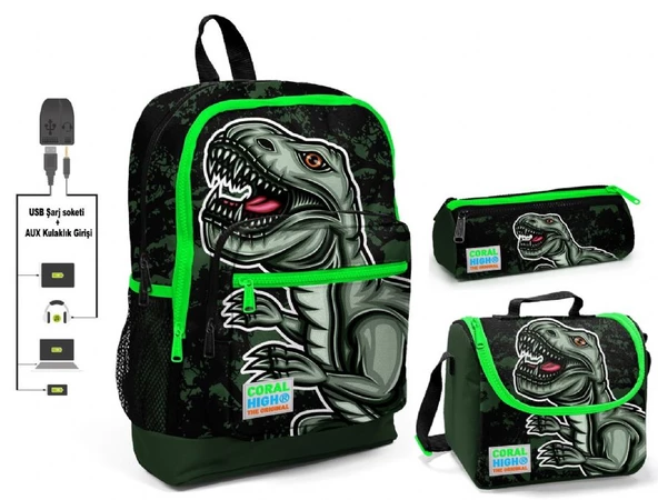 Coral High Yeşil Dinazor Baskılı Erkek Çocuk İlkokul Çanta Seti - USB Çıkışlı ürün görseli