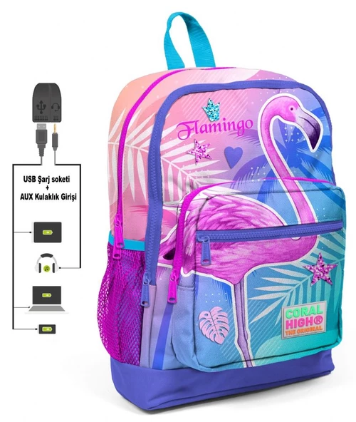 Coral High Pembe Flamingo Baskılı Kız Çocuk İlkokul Çanta Seti - USB Çıkışlı - Resim 2