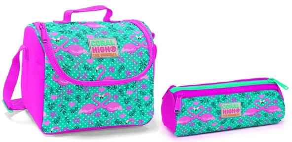 Coral High Yeşil Flamingo Kız Çocuk Beslenme Çantası ve Kalemlik Seti - Thermo ürün görseli