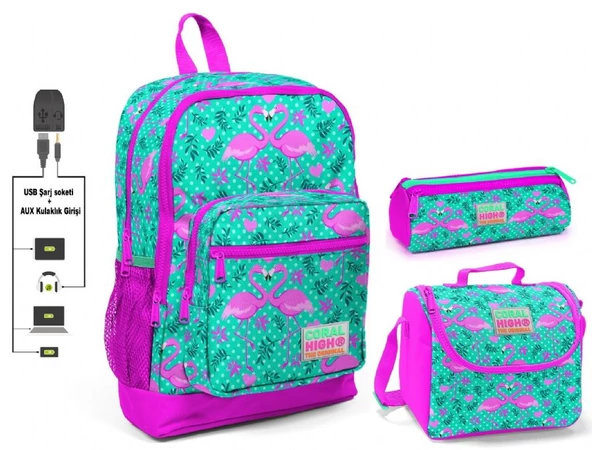 Coral High Yeşil Flamingo Baskılı Kız Çocuk İlkokul Çanta Seti - USB Çıkışlı