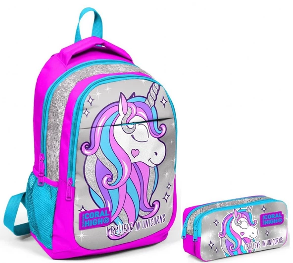 Coral High Pembe Unicorn Kız Çocuk İlkokul Çantası ve Kalemlik Seti