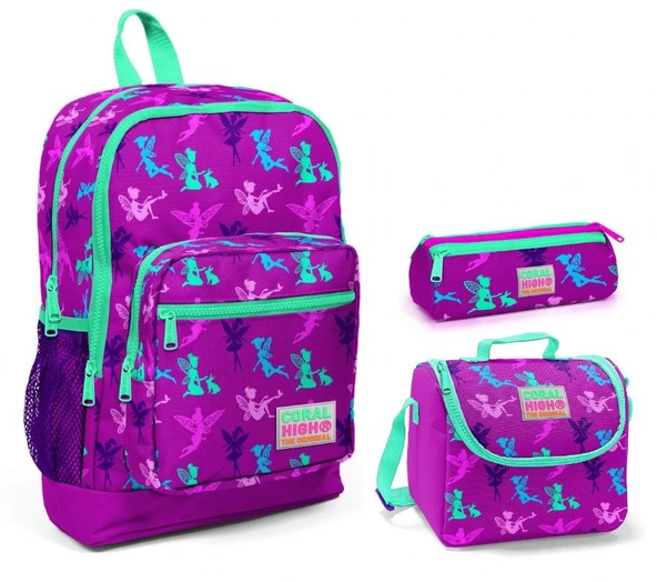 Coral High Mor Peri Baskılı Kız Çocuk 3'lü İlkokul Çanta Seti ürün görseli
