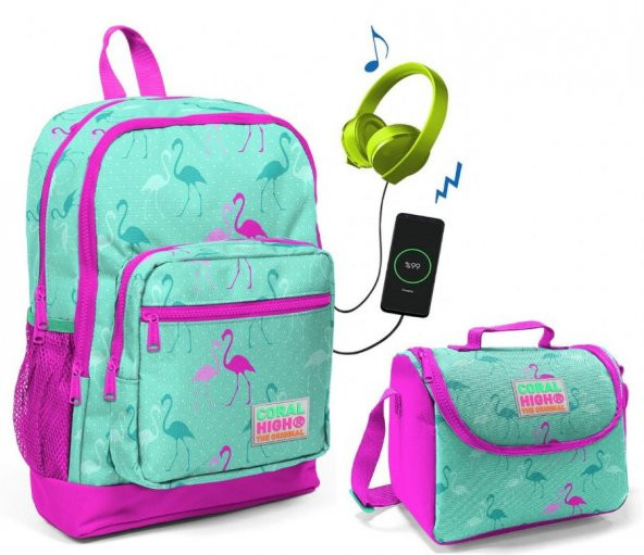 Coral High Yeşil Flamingo Okul Çantası ve Beslenme Çantası Seti - Kız Çocuk - USB Soketli