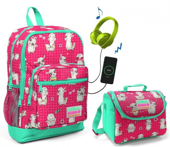 Coral High Lama Baskılı Okul Çantası ve Beslenme Çantası Seti - Kız Çocuk - USB Soketli