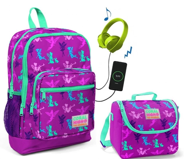 Coral High Mor Peri Baskılı Okul Çantası ve Beslenme Çantası Seti - Kız Çocuk - USB Soketli