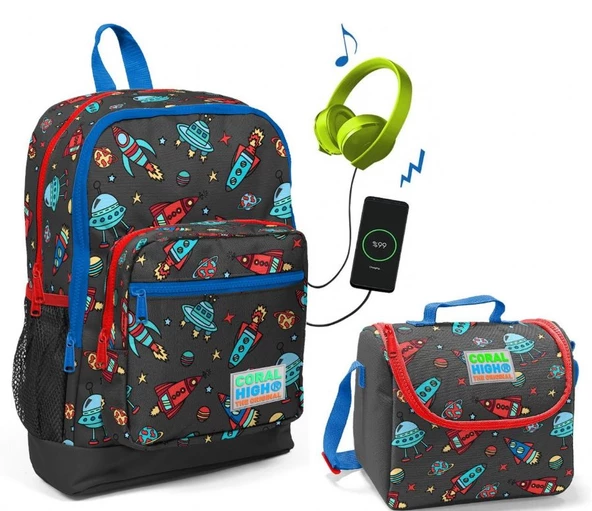 Coral High Uzay Baskılı Okul Çantası ve Beslenme Çantası Seti - Erkek Çocuk - USB Soketli ürün görseli