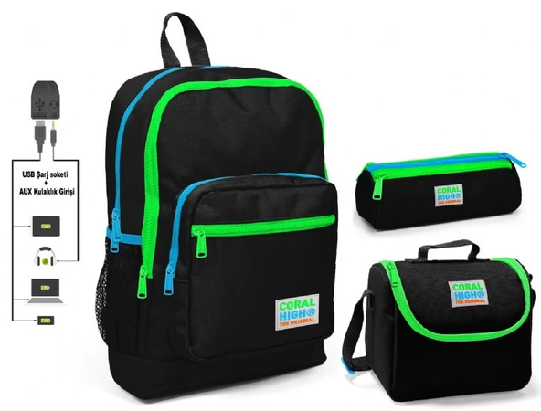 Coral High Siyah Erkek Çocuk İlkokul Çanta Seti - USB Çıkışlı ürün görseli