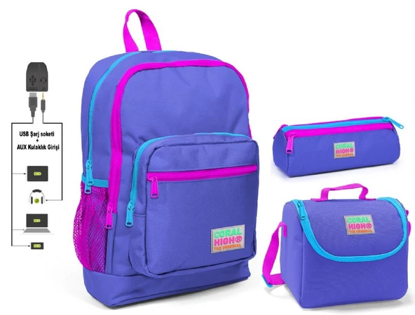 Coral High Mor Kız Çocuk İlkokul Çanta Seti - USB Çıkışlı
