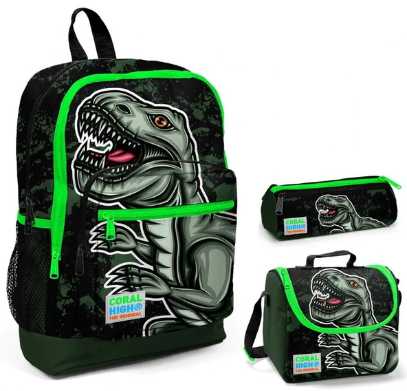 Coral High Yeşil Dinazor Baskılı Erkek Çocuk 3'lü İlkokul Çanta Seti ürün görseli