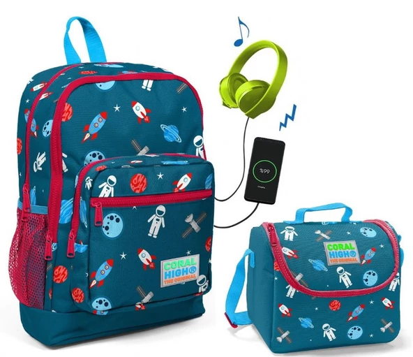 Coral High Astronot Baskılı Okul Çantası ve Beslenme Çantası Seti - Erkek Çocuk - USB Soketli ürün görseli
