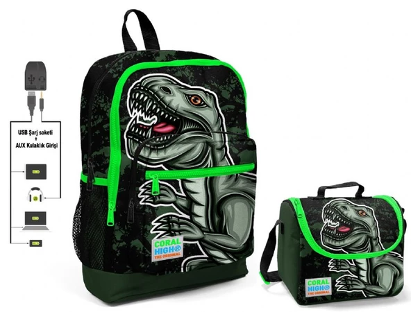 Coral High Yeşil Dinazor Baskılı Okul Çantası ve Beslenme Çantası Seti - Erkek Çocuk - USB Soketli ürün görseli