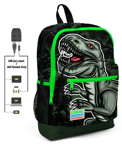 Coral High Yeşil Dinazor Baskılı Erkek Çocuk İlkokul Çanta Seti - USB Çıkışlı - Resim 2