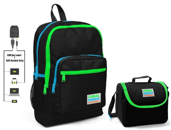 Coral High Siyah Okul Çantası ve Beslenme Çantası Seti - Erkek Çocuk - USB Soketli