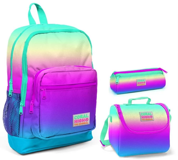 Coral High Rengarenk Baskılı Kız Çocuk 3'lü İlkokul Çanta Seti