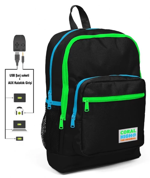 Coral High Siyah Erkek Çocuk İlkokul Çanta Seti - USB Çıkışlı - Resim 2
