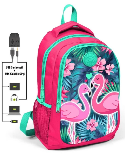 Coral High Narçiçeği Flamingo Kız Çocuk İlkokul Çantası ve Kalemlik Seti - USB Soketli - 2