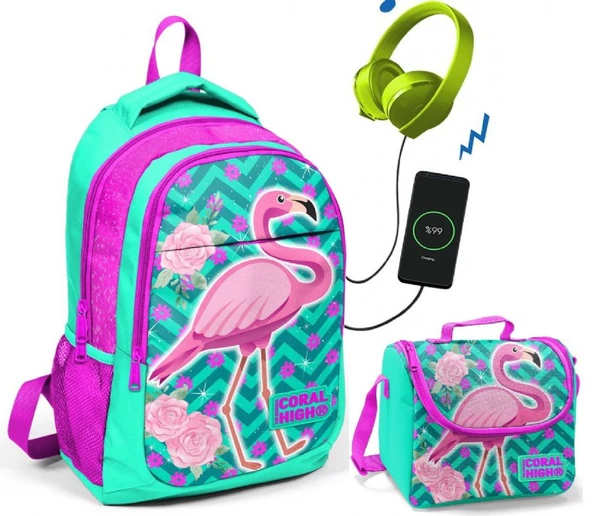 Coral High Pembe Flamingo Okul ve Beslenme Çantası - Kız Çocuk  - USB Soketli