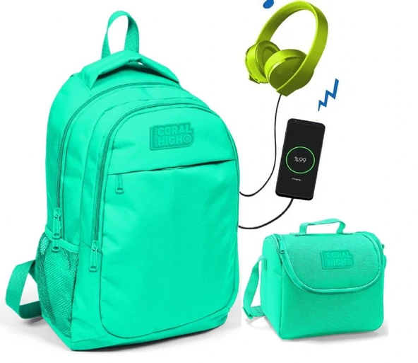 Coral High Su Yeşili Okul ve Beslenme Çantası - Kız Çocuk  - USB Soketli ürün görseli