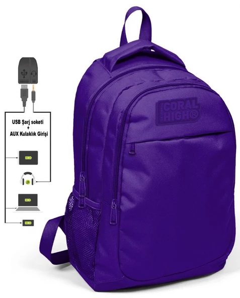 Coral High Kids Mor Kız Çocuk İlkokul Çantası ve Kalemlik Seti - USB Soketli - Resim 2