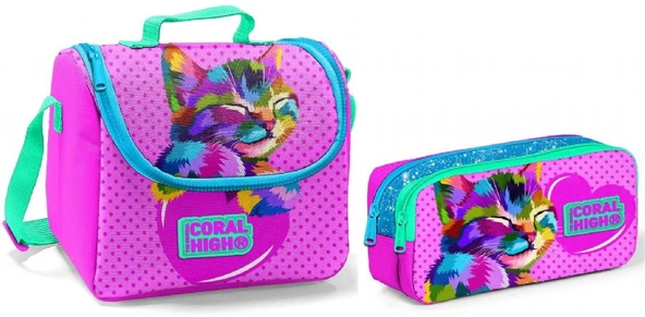 Coral High Beslenme Çantası ve Kalemlik Takım - Pembe - Sevimli Kedi - Kız Çocuk