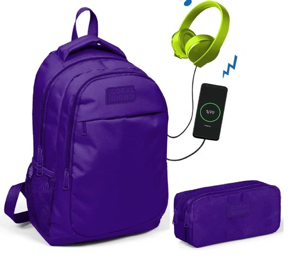 Coral High Kids Mor Kız Çocuk İlkokul Çantası ve Kalemlik Seti - USB Soketli ürün görseli