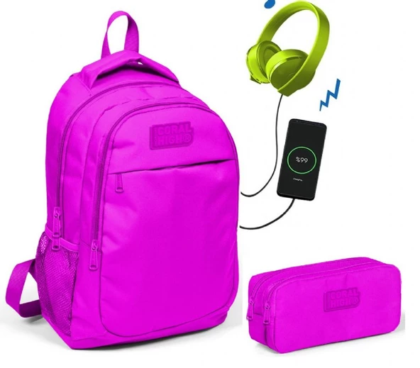 Coral High Koyu Pembe Kız Çocuk İlkokul Çantası ve Kalemlik Seti - USB Soketli