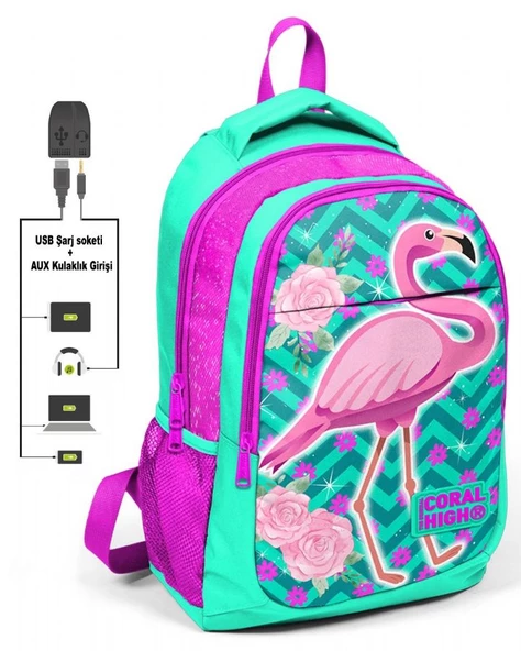 Coral High Pembe Flamingo Okul ve Beslenme Çantası - Kız Çocuk  - USB Soketli - 2