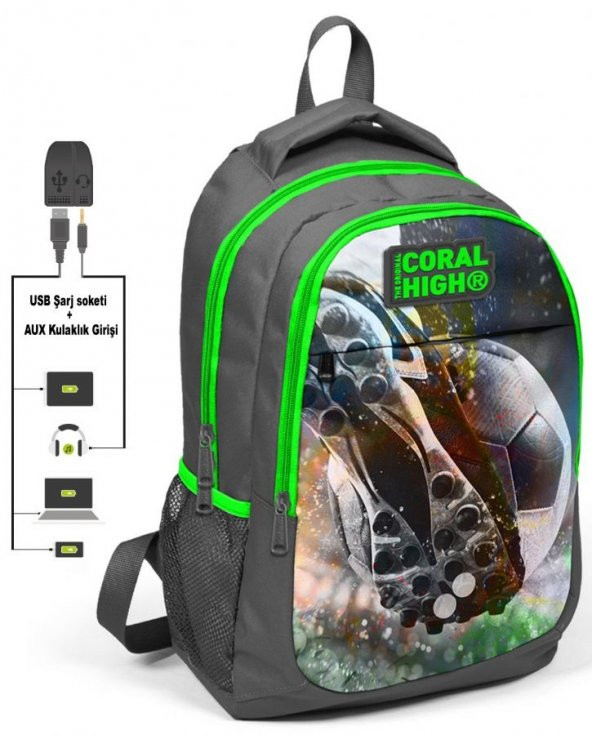 Coral High Futbol Baskılı Erkek Çocuk İlkokul Çantası ve Kalemlik Seti - USB Soketli - 2