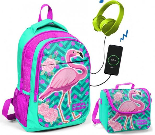 Coral High Pembe Flamingo Okul ve Beslenme Çantası - Kız Çocuk  - USB Soketli