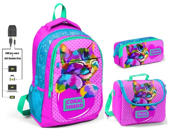 Coral High Kız Çocuk Pembe Sevimli Kedi 3'lü Çanta Takımı - USB Soketli