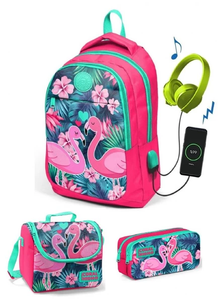 Coral High Kız Çocuk Narçiçeği Flamingo 3'lü Çanta Takımı - USB Soketli