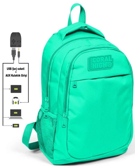 Coral High Su Yeşili Okul ve Beslenme Çantası - Kız Çocuk  - USB Soketli - Resim 3