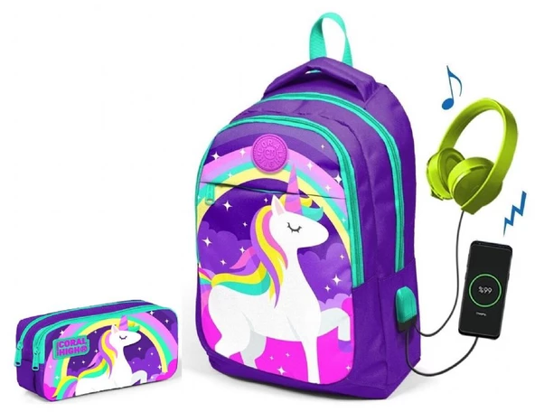 Coral High Kids Mor Unicorn Kız Çocuk İlkokul Çantası ve Kalemlik Seti - USB Soketli