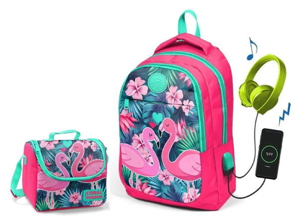 Coral High Narçiçeği Flamingo Okul ve Beslenme Çantası - Kız Çocuk  - USB Soketli ürün görseli