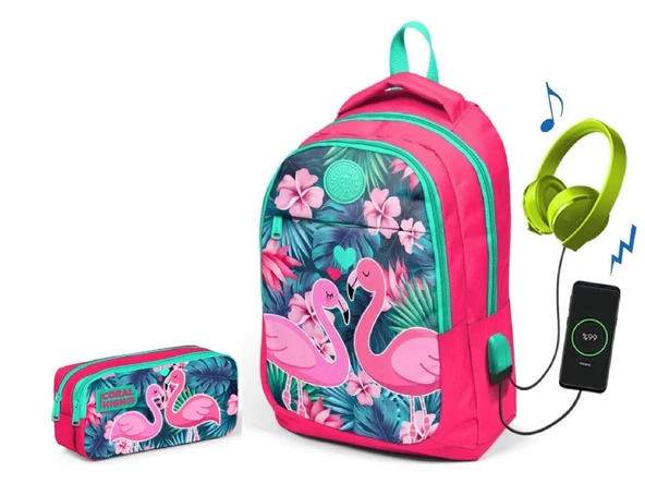 Coral High Narçiçeği Flamingo Kız Çocuk İlkokul Çantası ve Kalemlik Seti - USB Soketli