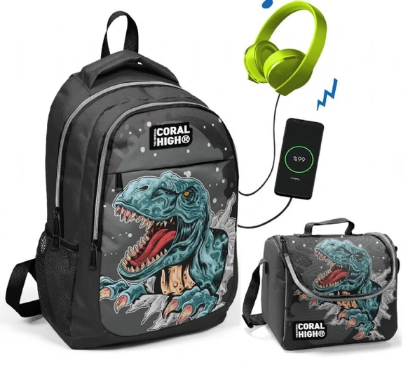 Coral High Dinazor Baskılı Okul ve Beslenme Çantası - Erkek Çocuk  - USB Soketli