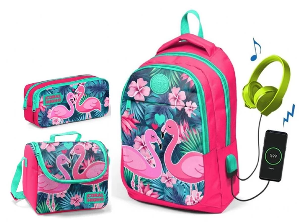 Coral High Kız Çocuk Narçiçeği Flamingo 3'lü Çanta Takımı - USB Soketli - 2