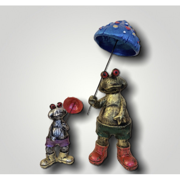 Polyester şemsiyeli kurbağalar heykel 2'li set