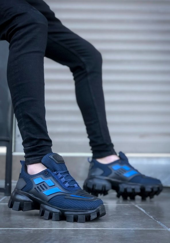 BA0194 Erkek Bağcıklı Lacivert Yüksek Taban Tarz Spor Ayakkabı