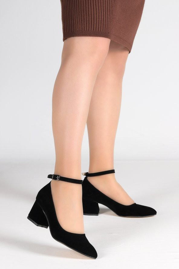 Woggo Süet Bilekten Kemerli 5 Cm Topuklu Kadın Ayakkabı 1990-020 Siyah